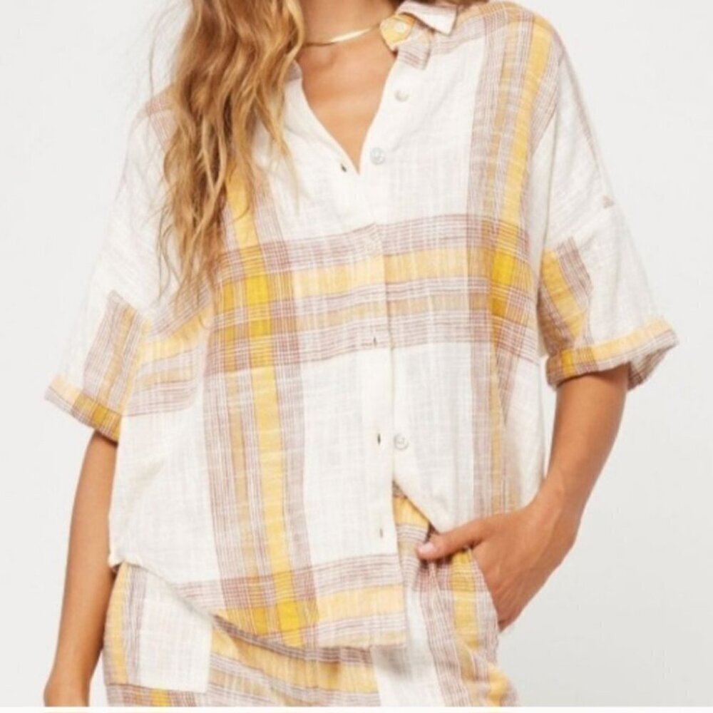 L*Space Isle Sun Plaid Button-Up Shirt Cream Orange S – Relaxed Summer Beach Sty - Picture 2 of 11